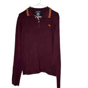 Vintage Y2K Abercrombie & Fitch Burgundy Long Sleeve Polo Shirt L Moose Preppy